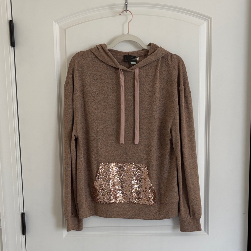 Anthropologie Saturday Sunday Rose Gold Hoodie Sweater with Sequin Pocket - M